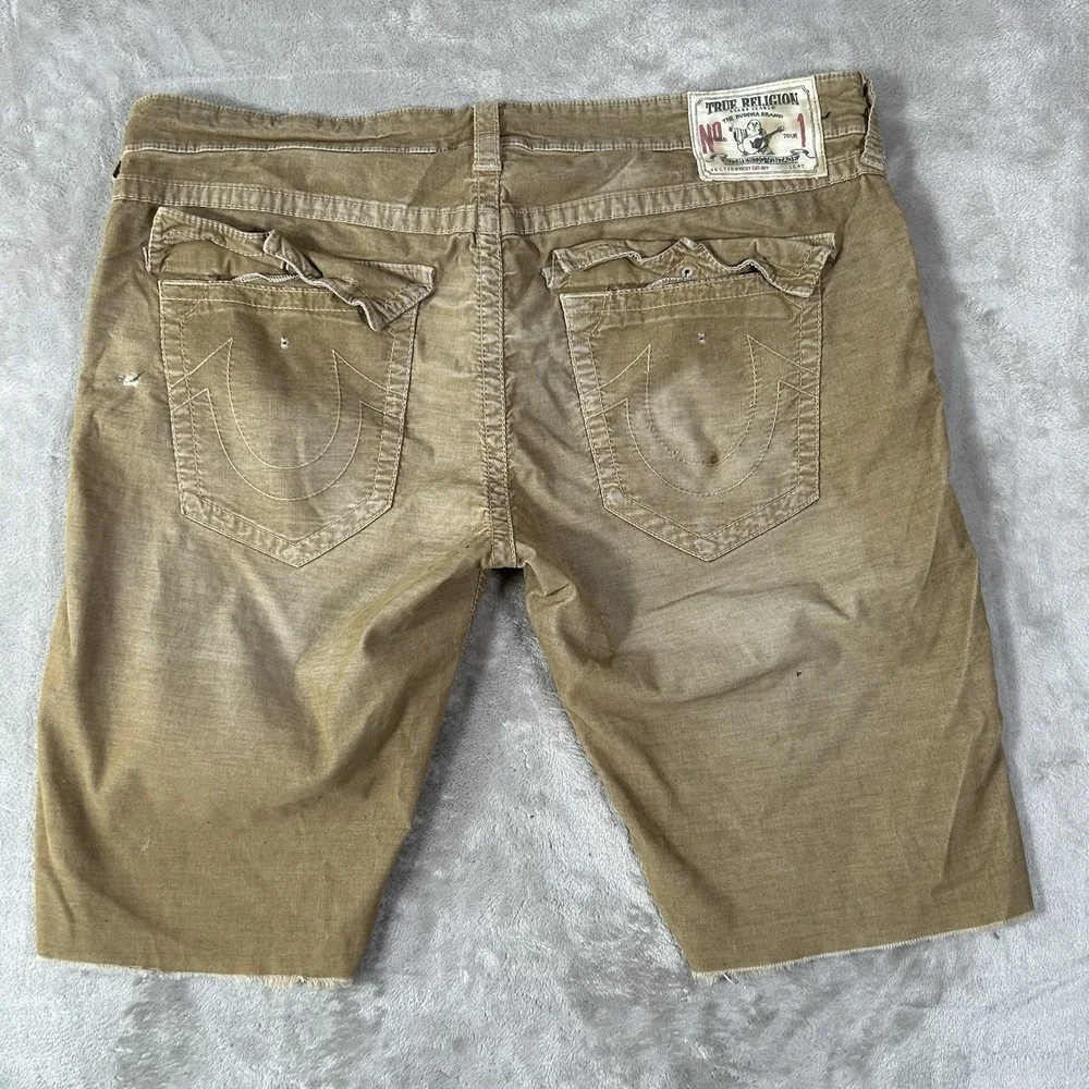 True Religion Ricky Jean Short Men 40 Tan Corduroy Frayed Flap Pocket Jorts Y2K